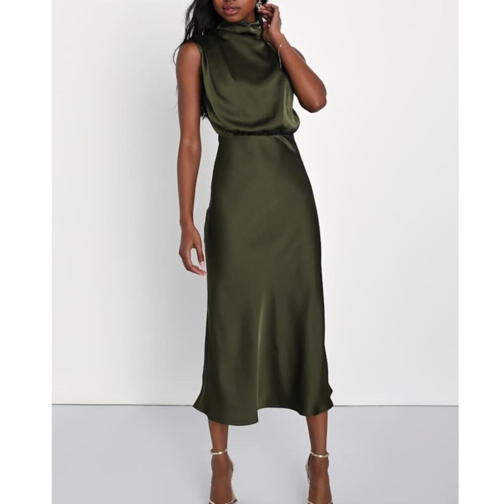 Lulus Women’s Medium Dress Midi Asymmetrical High Neck Satin Distinctive Charm